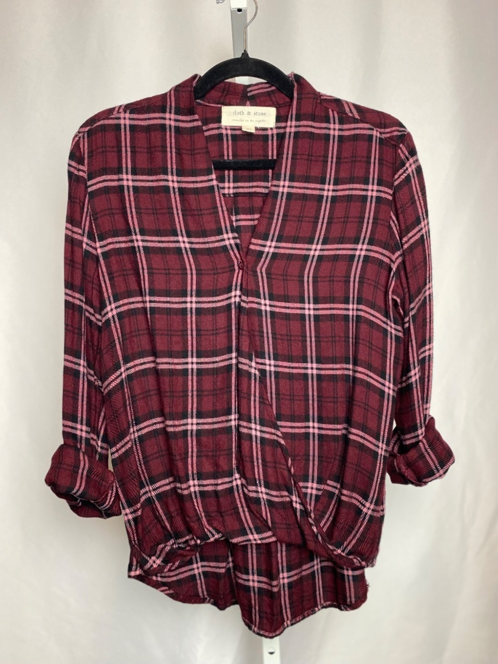 Cloth & Stone Womenʻs Burgundy Plaid Wrap Front Long Sleeve Top XS
